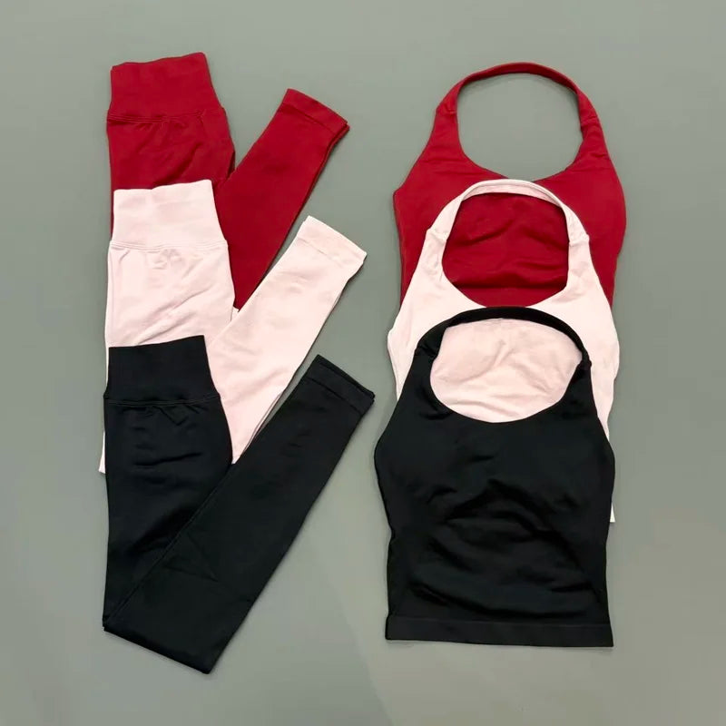 2 Piece Women Gym Set Seamless Halter Sports Top High Waist Leggings Tummy Control Squat Proof Yoga Fitness Activewear