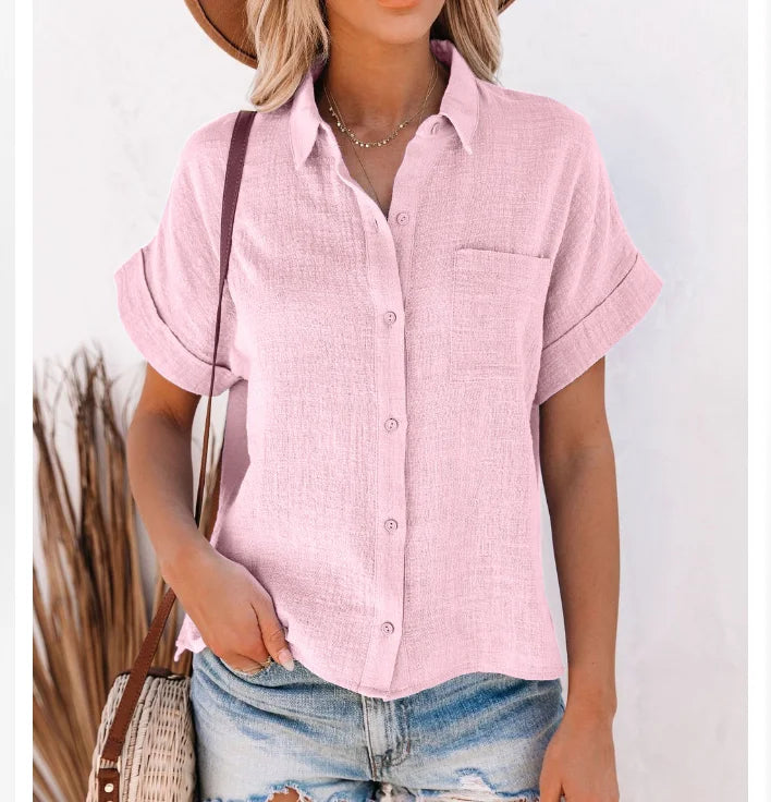 New Fashion Cotton Linen Women's Shirts Casual Loose Short Sleeve Women Blouses Button Up Summer Woman Tops Clothes