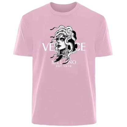 Luxury Summer T-Shirt - Men's Breathable Cotton Knit Medusa Print Tee for Daily Commuting