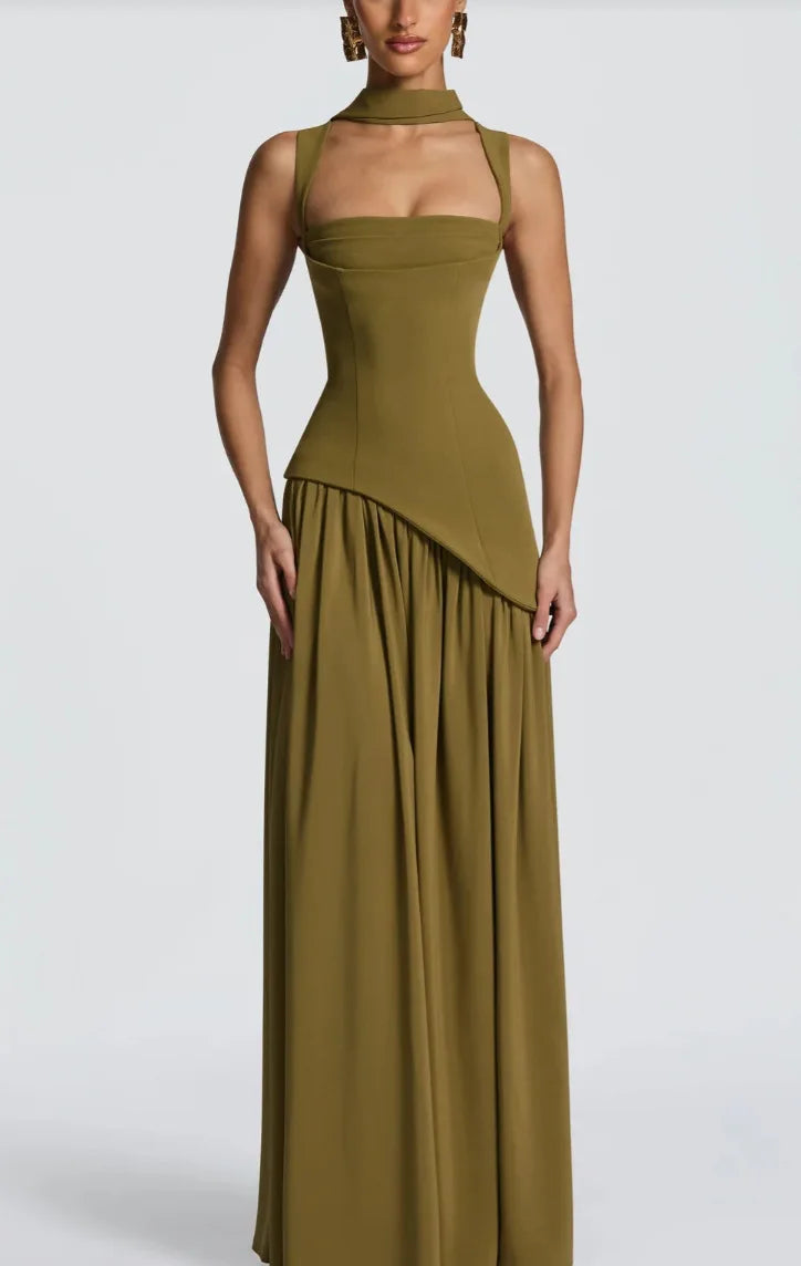 Green Evening Dress - Lace Up Back High Slit Maxi Party Dress with Scarf Attached