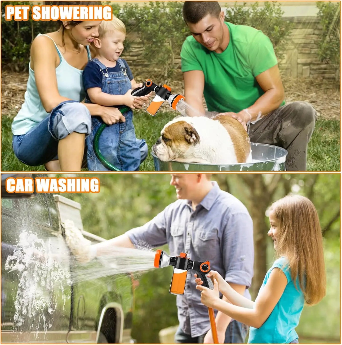 Dog Washing Hose Attachment, 8 Spray Patterns Dog Wash with 3.5oz 100cc Soap Dispenser, Dog Washing Gloves, Dog Bath Brush, Suitable for Watering Plant, Patio, Cleaning, Showering Pet