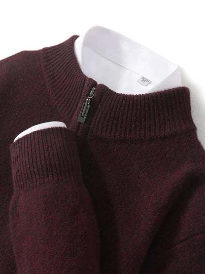 Men Mock Neck Zipper Sweaters 100% Merino Wool Pullover Casual Fashion Clothing Autumn Winter Thick Cashmere Knitwear Tops