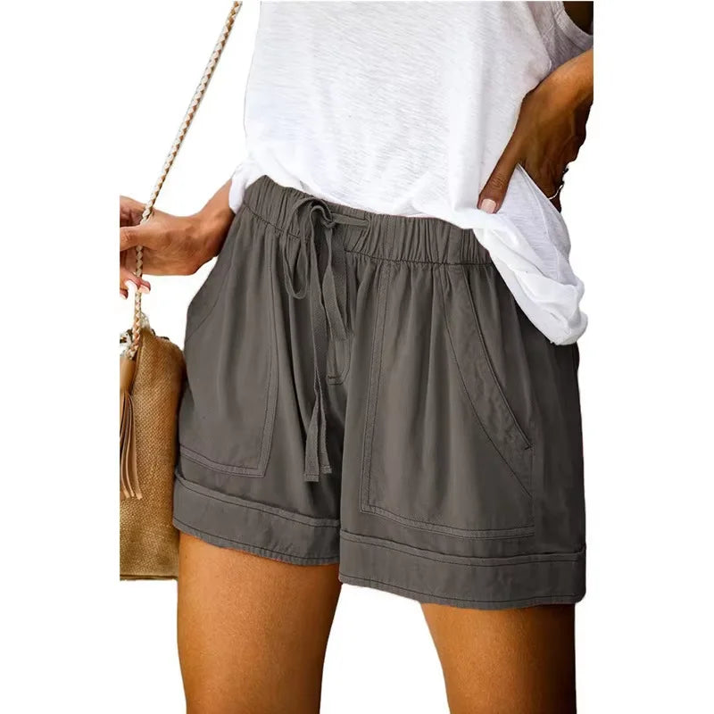 High-Waisted Lace-Up Casual Shorts for Women Summer 2025 Loose Fit Wide Leg Twill Pants European American Style