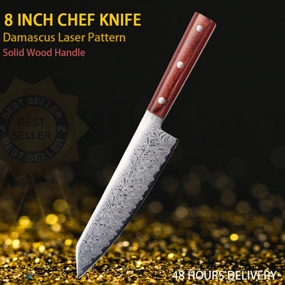 Damascus Chef Knife - Japanese Santoku Slicing Knife with Solid Wood Handle
