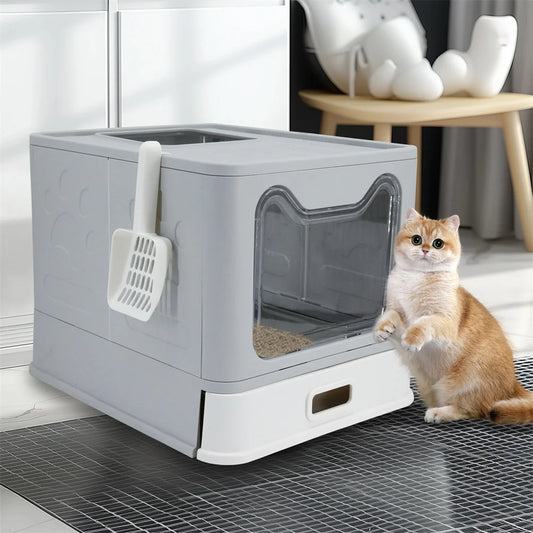Stainless Steel Covered Cat Litter Box - Large Top Entry Pan with Scoop High Sided for Easy Cleaning - ZOOMNSTORE