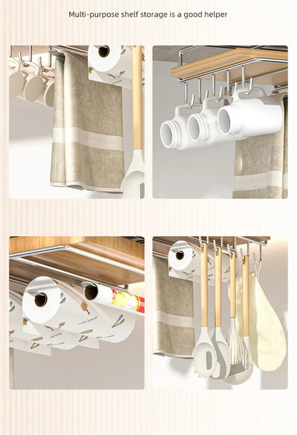 Kitchen Organizer Rack - Stainless Steel Hanging Kitchen Rack with Hooks for Cutting Board, Paper Towel & Pot Lid Storage