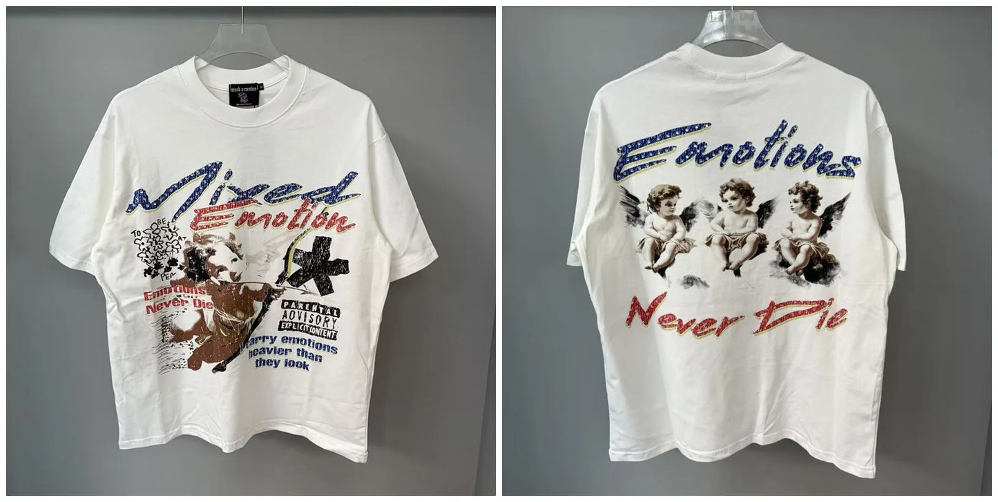 New MIXED-EMOTION Rhinestone cartoon printed pattern 100% cotton Men Women T-shirt Loose casual Shinning Diamond Tees Oversized Top
