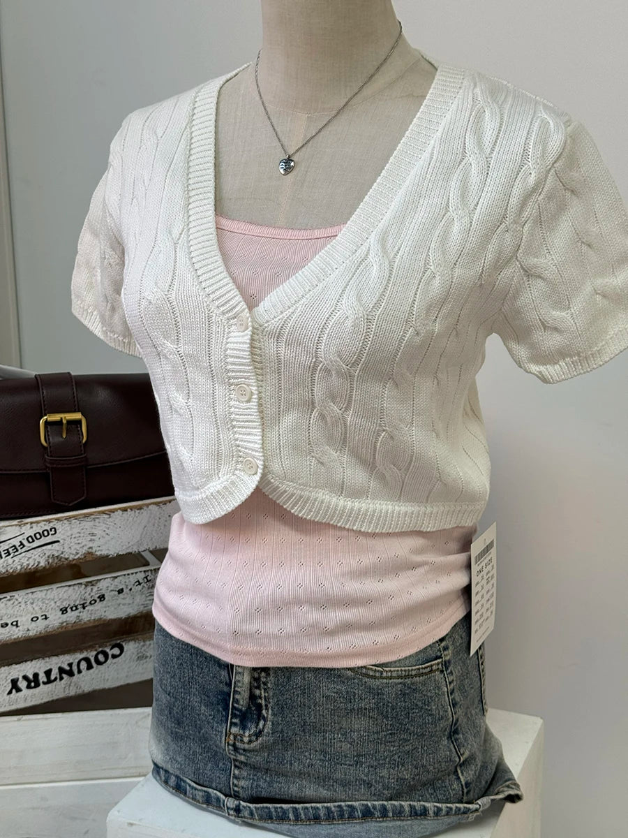 Solid Twist Flower Knitted Cropped Cardigan Woman V-neck Single Breasted Short Sleeve Crop Tops Autumn Sweet Cotton Knitwear New