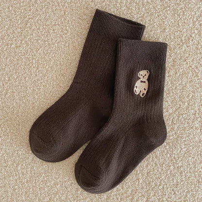 1 Pairs Cotton Kids Socks Korean Retro Style Bear Embroidery Girls Boy Toddler Knitted Socks Warmth Tube Socks For 1-9 Year