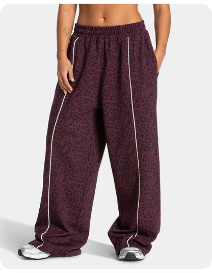 Women High Elastic Leopard Print Yoga Pants Loose Wide Leg Fitness Workout Pants Butt Lifting Slim Casual Sports Trousers