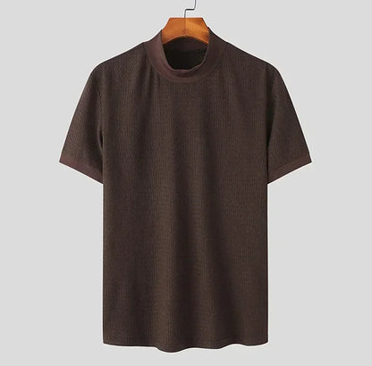 Men's High Neck T-Shirt – Casual Summer Knitted Base Tee | Breathable Polyester Top