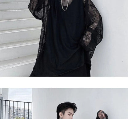 2024 Summer Dark Hollowed Out Mesh Hoodies T-shirt For Men Women Long Sleeves Loose Hooded Mesh Transparent Shirts