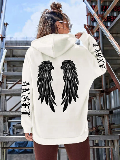 Angel Wings Printed Hoodie - Womens Warm Casual Hoody