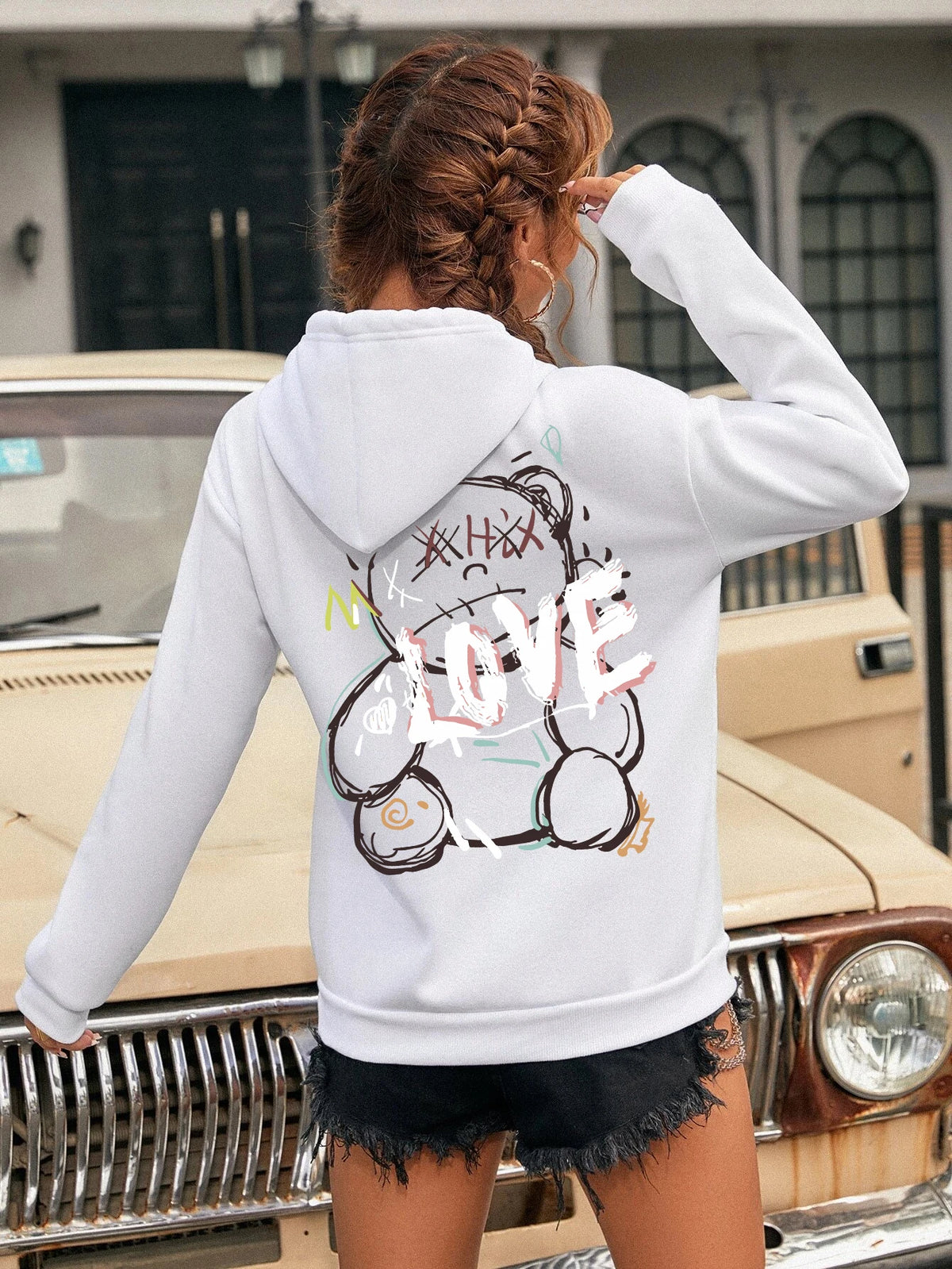 Graffiti Line Bear Simple Print Female Hoody Harajuku S-3xl Sweatshirt Fashion Casual Street Hooded Autumn Warm Streetwear Women