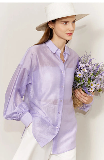 AMII Minimalist Blouse for Women 2023 Autumn Lantern Sleeve V-Neck Slightly Transparent Elegant Commuter Clothing Tops 72341030