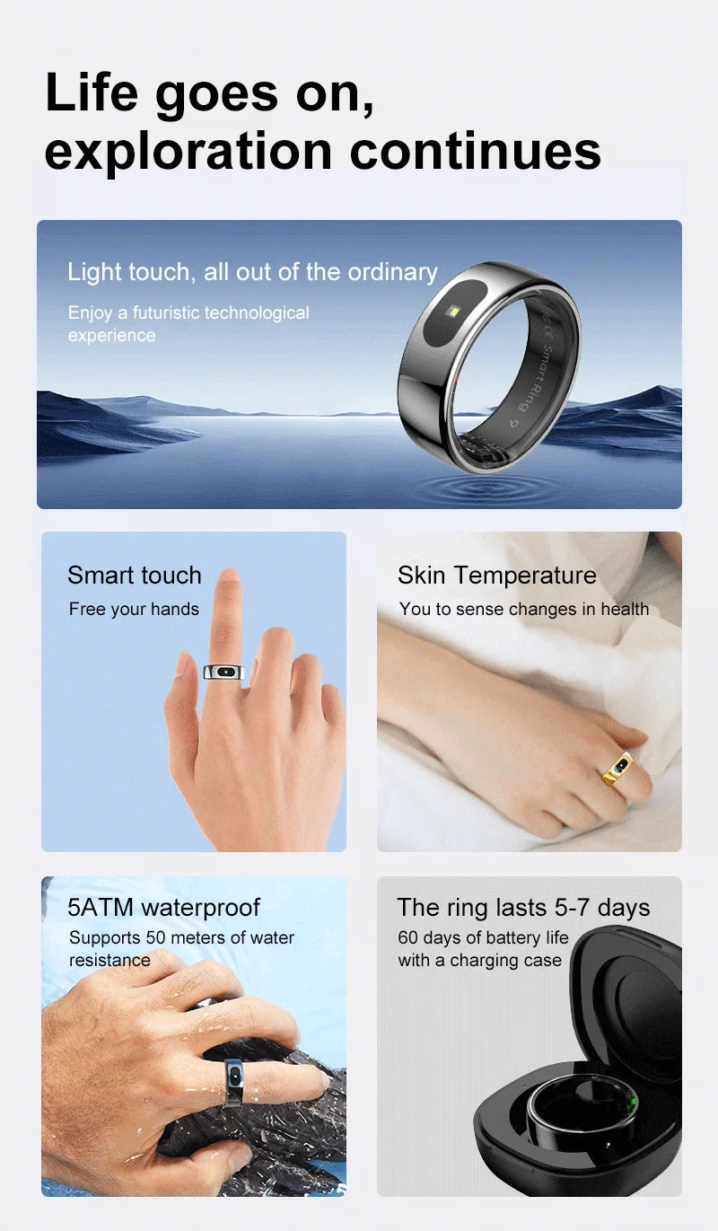 R08 Smart Ring For Men Women Touch Control Function Health Monitor IP68 5ATM Waterproof Skin Temperature Measure Smart Ring New
