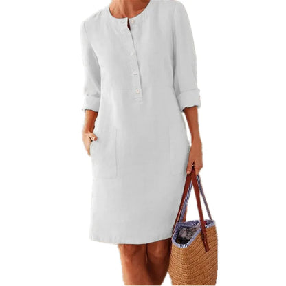 Women's Cotton Linen Tunic Dress – Vintage Long-Sleeve Oversized Mini Dress