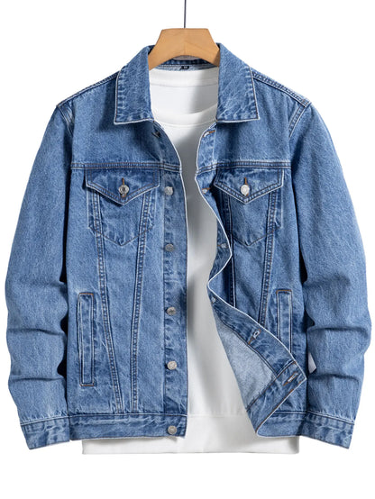 Men's Blue Denim Jacket for Spring and Autumn. Multi-Pocket Design. Regular Size with a Stylish Street Casual Style.