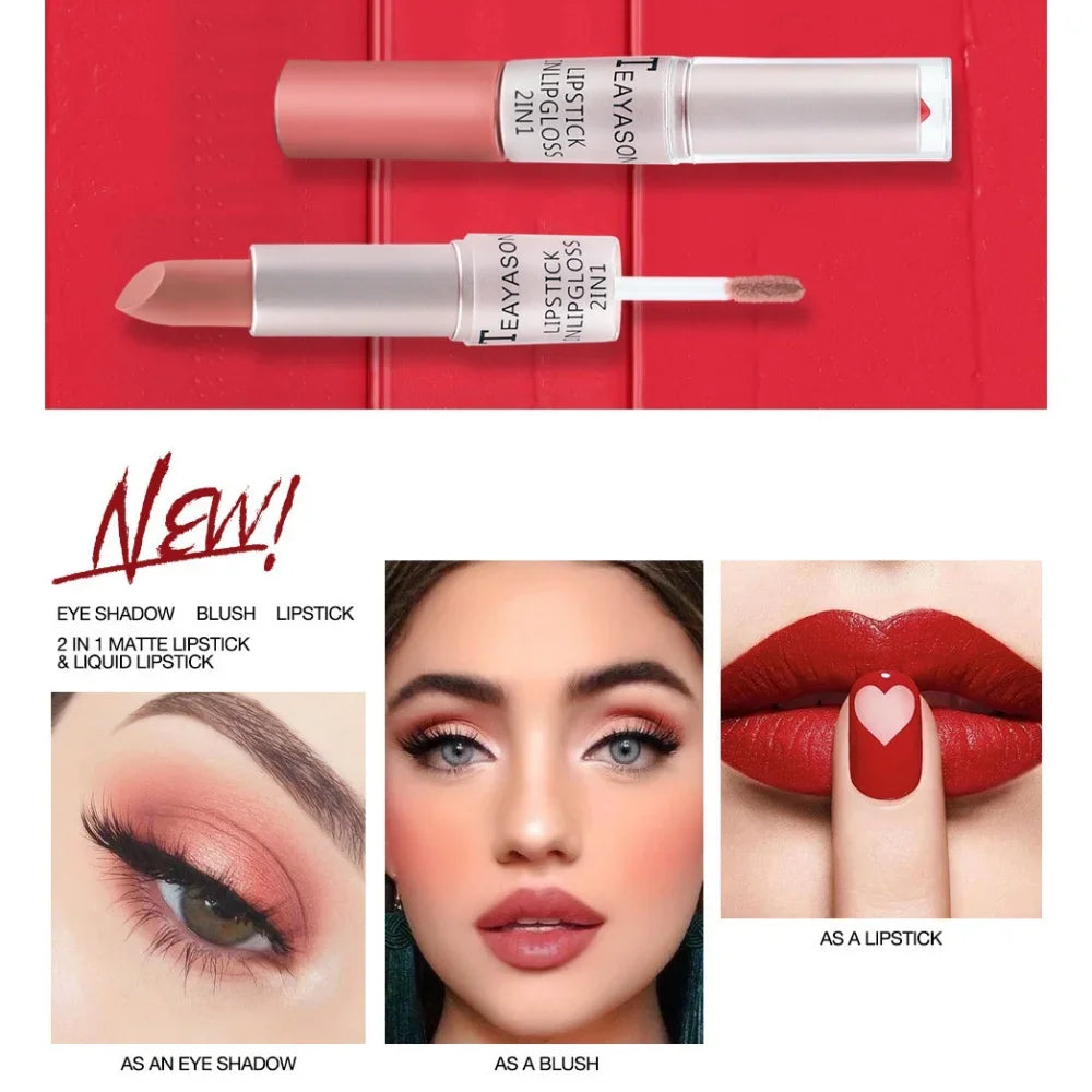 1PC Pink Matte Lipstick Waterproof Long-Lasting Moisture 2-in-1 Lip Tint Sexy Lip Gloss Lip Makeup for Women