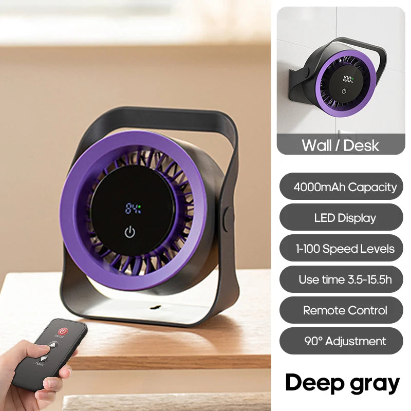 Kinscoter 4000mAh Rechargeable Wall Fan 100 Speed Adjustable Portable Desk Fan Air Cooling Fan with Remote Control for Outdoor