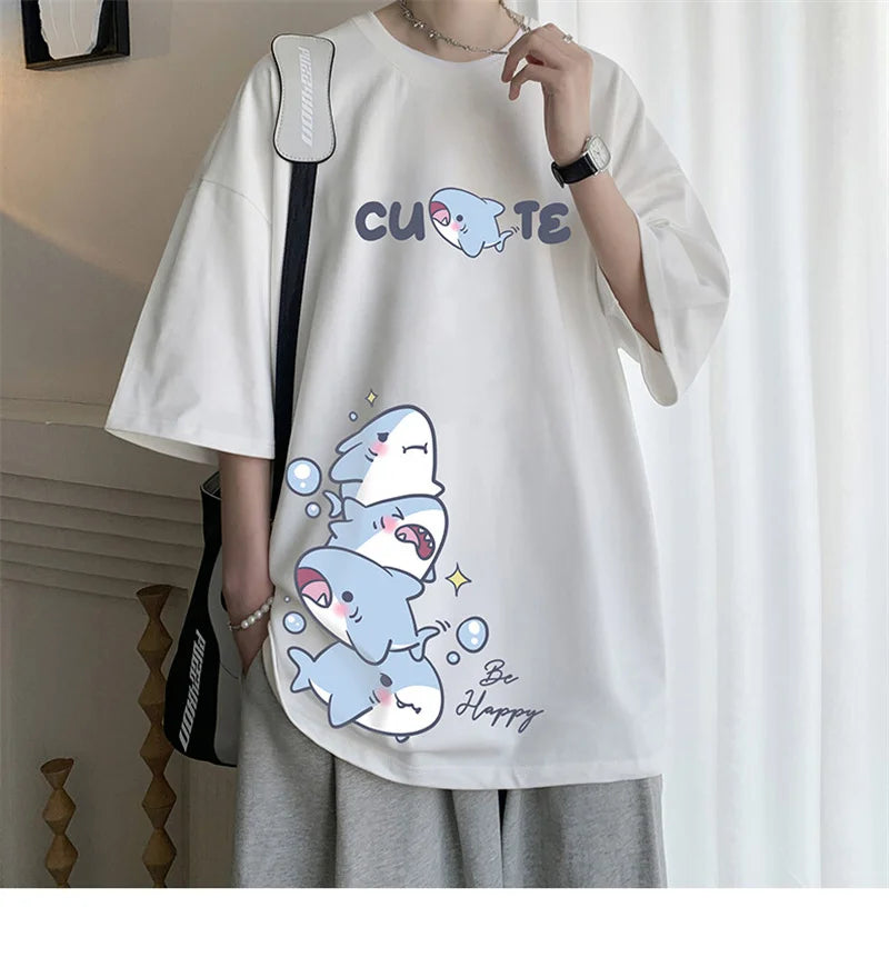 Men's Cotton T-shirts White Men Oversized T Shirt Anime Shark Print Summer Casual Wear 5XL Tee Shirts Big Size Male Clothes