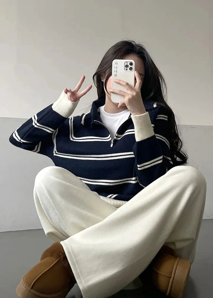 Korean Style Lazy Striped Zipper Color Block Long Sleeve Women's Soft Sweater Autumn Winter New Design Knitted Shirt