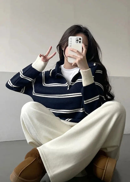 Korean Style Lazy Striped Zipper Color Block Long Sleeve Women's Soft Sweater Autumn Winter New Design Knitted Shirt