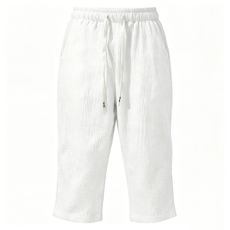 Summer Men Linen Capri Pants Drawstring Waist Loose Solid Color Casual Trousers For Daily Beach Vacation Outdoor Travel Wear