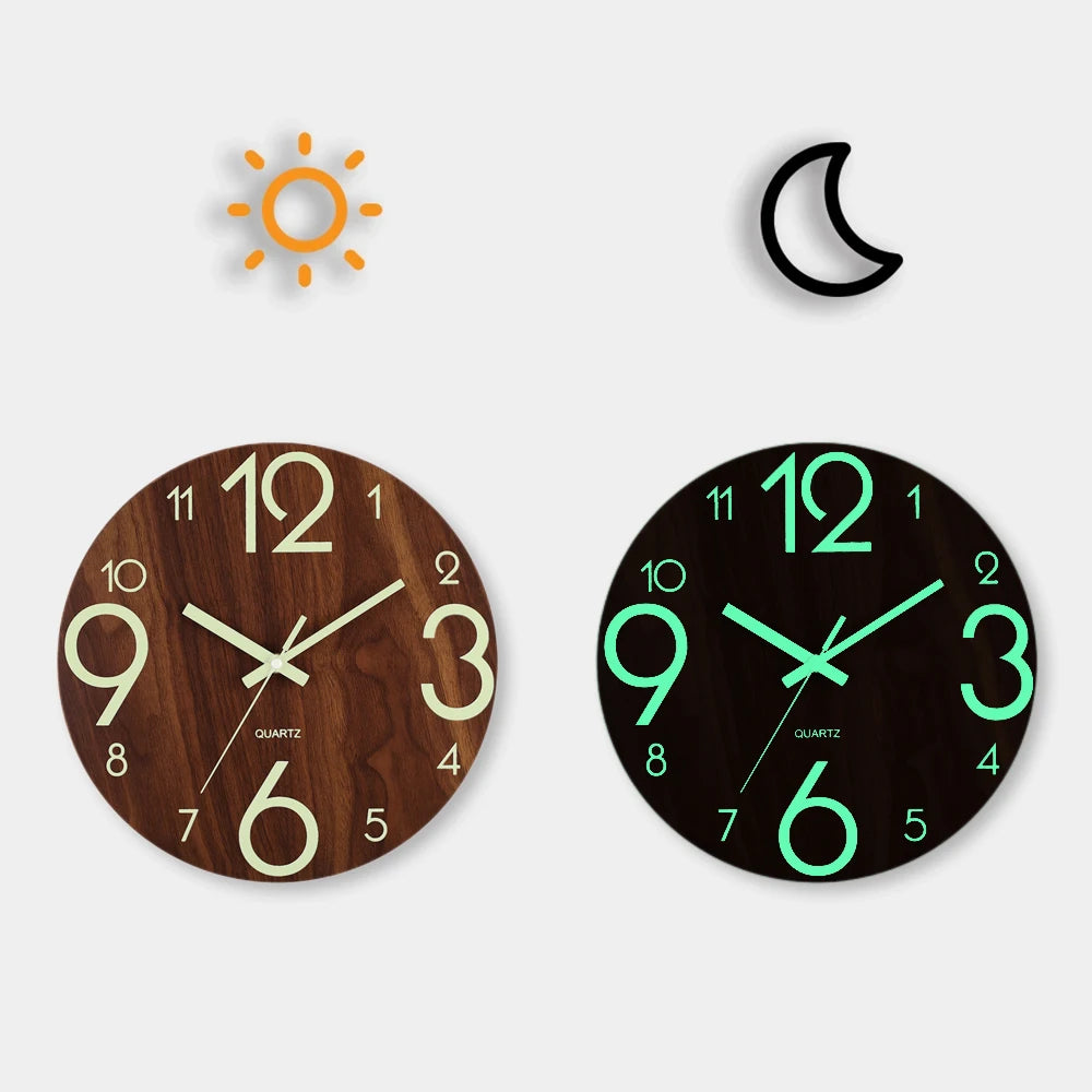 Luminous 12 Inch Silent Wall Clock - Nordic Wood Design with Night Light