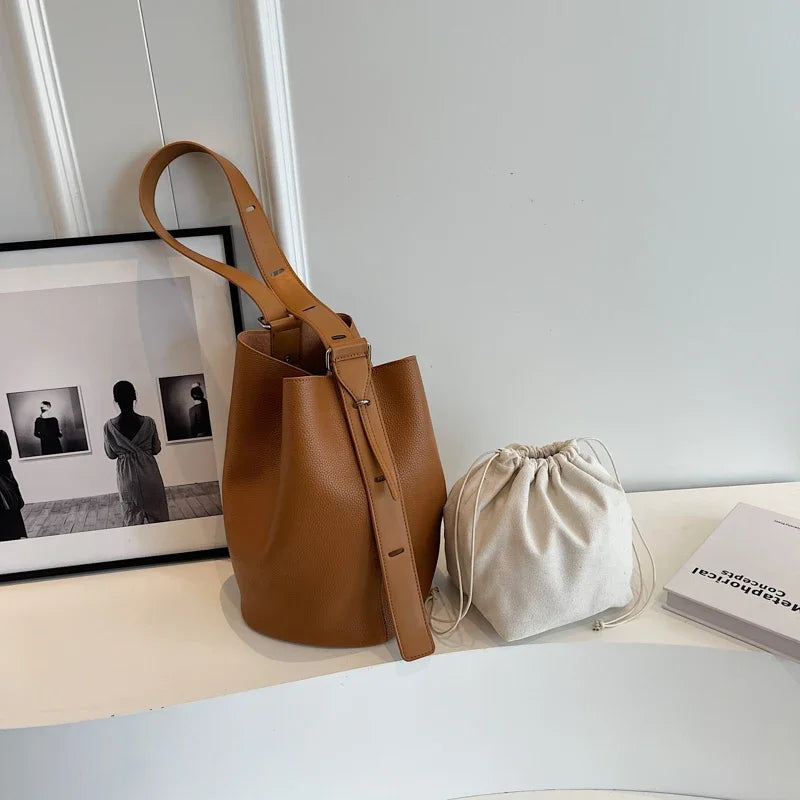 Leather Shoulder Bag - Small Solid Color Korean Fashion Baguette Style Purse