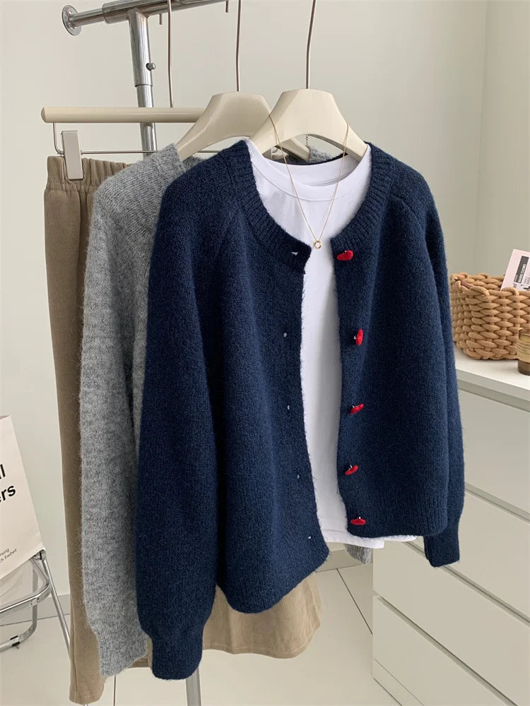 Deep Grey Wool Knitted Cardigan For Women 2026 Autumn Winter Soft And Sticky Warm Love Buckle Shoulder Sleeves