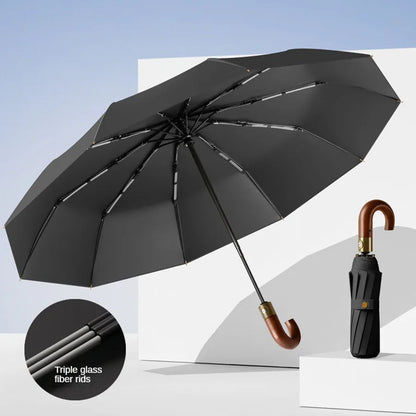 Windproof UV protection casual folding UPF50+automatic umbrella handle curved handle design, stylish design compact sun and rain