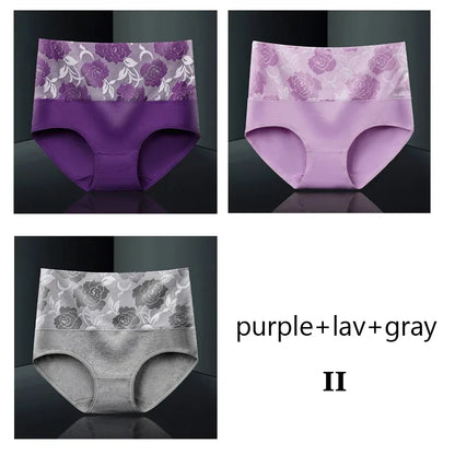 Plus Size L-5XL Women's Briefs Underwear Cotton High Waist Tummy Control Panties Rose Jacquard Ladies Panty Multipack