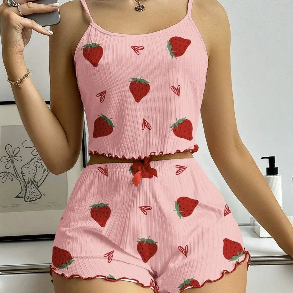 New Strawberry Print Sleepwear Set Women's Ribbed Pajamas with Hearts & Bow Soft Comfy Lounge Set with Shorts Cute Summer PjGift