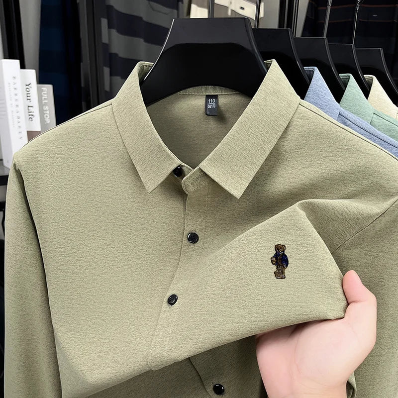 High-End Man Long-Sleeved Shirt Lapel Single-Breasted Bear Embroidery Spring New Shirt Fashion Versatile Leisure Men's Clothing