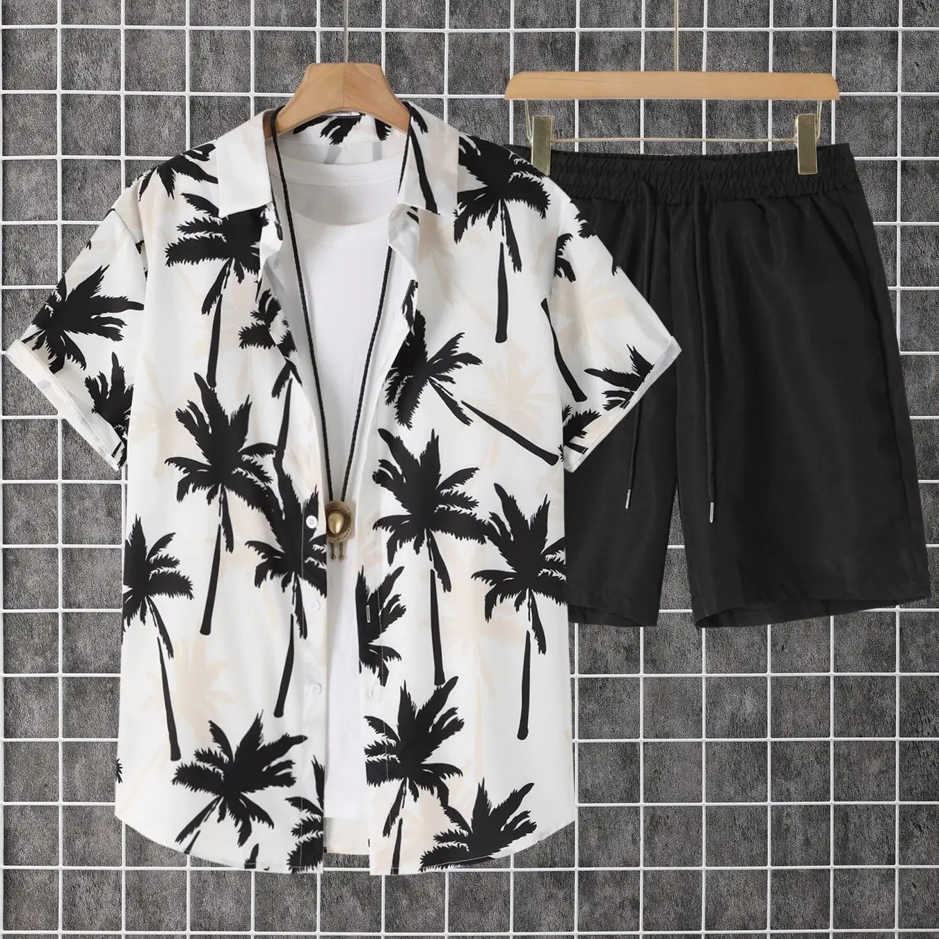 2-pack, men's short-sleeved button-down shirt with a lapel and printed pattern, paired with drawstring pants, for trendy, casual