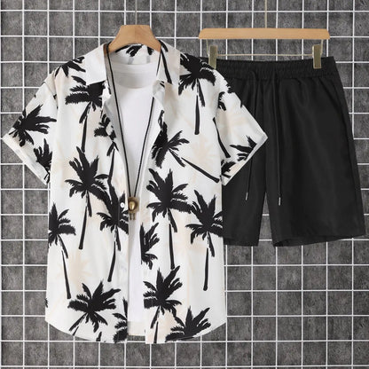 2-pack, men's short-sleeved button-down shirt with a lapel and printed pattern, paired with drawstring pants, for trendy, casual