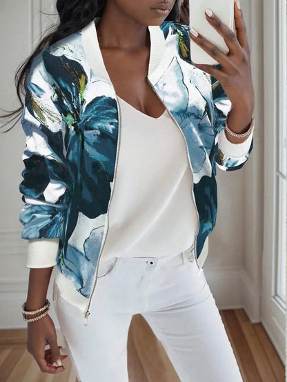Baseball Collar Jacket – Women's Autumn Printed Zipper Outerwear Coat, Lightweight