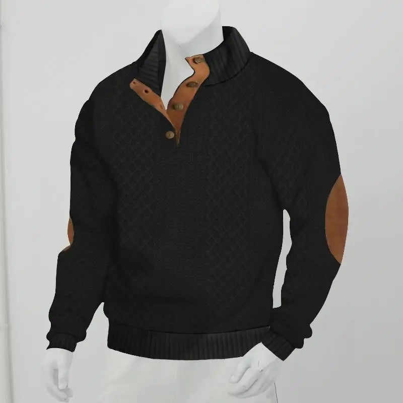 Men's Waffle Knit Quarter Zip Pullover with Contrast Trim and Elbow Patches Casual Long Sleeve Sweater