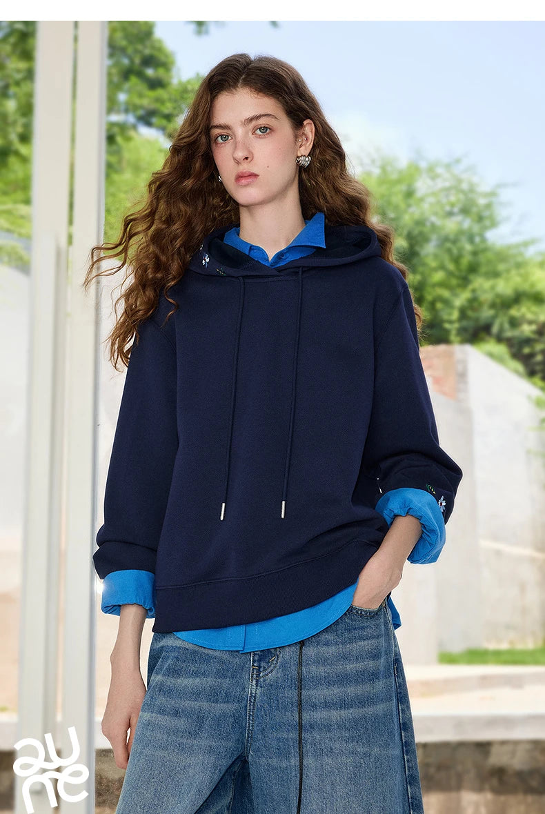 TOYOUTH Women's Mini Floral Embroidered Hoodie 2026 Fall New Arrival Youthful Cozy Relaxed Fit Slouchy Pullover Top