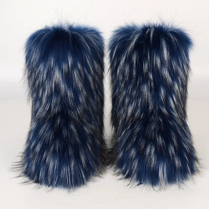 Women's Winter Snow Boots Outdoor Luxury Furry Faux Fox Fur Boots Woman Plush Warm Platform Shoes New Fashion Bottes Big Size 46