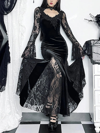 AltGoth Aesthetic Gothic Midi Dress Women Vintage Elagnt Lace Patchwork See Through Flare Sleeve High Waist Clubwear Dress Femme