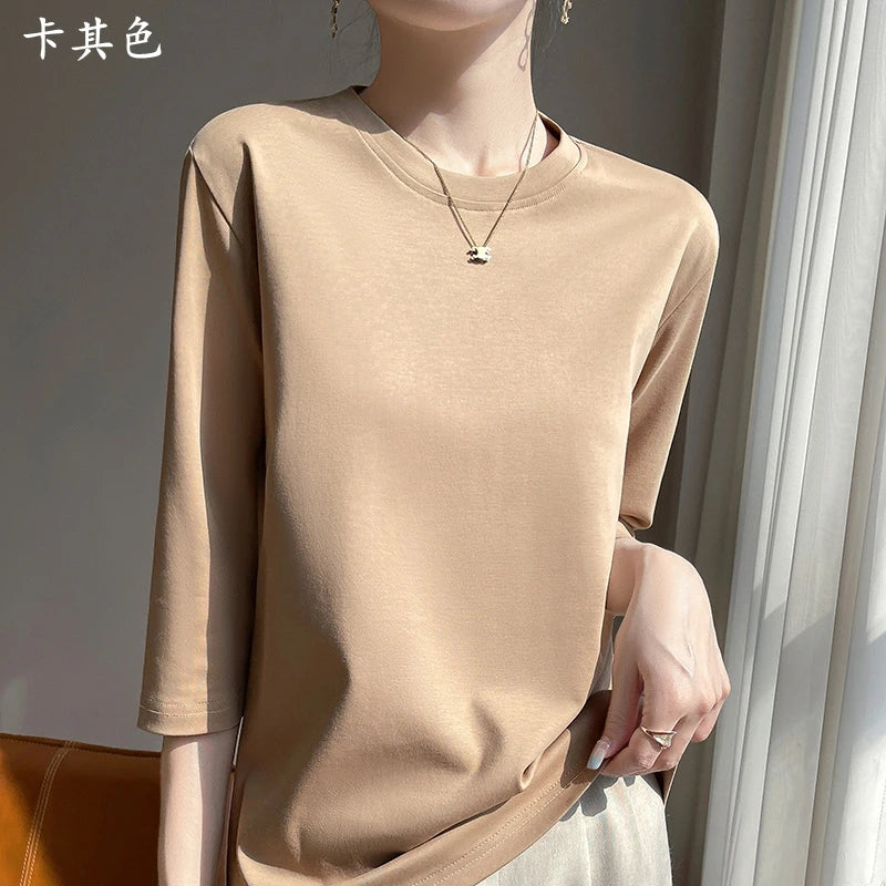 Summer Cotton Short-Sleeved T-Shirt Women's Round Neck Seven-Point Sleeves Loose Mercerized Cotton Half-Sleeve Shirt New T-shirt
