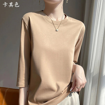 Summer Cotton Short-Sleeved T-Shirt Women's Round Neck Seven-Point Sleeves Loose Mercerized Cotton Half-Sleeve Shirt New T-shirt