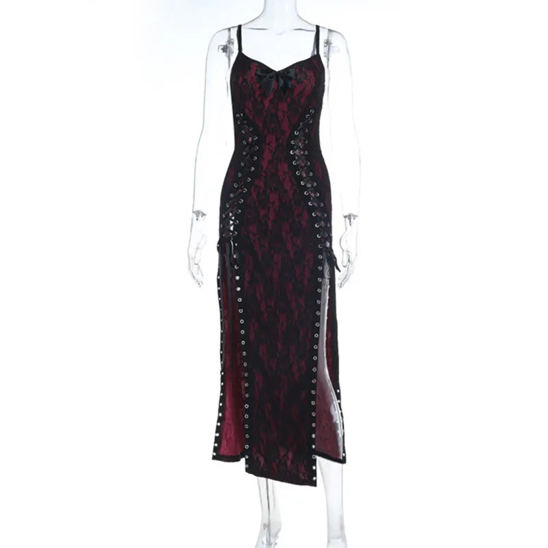 Goth Dark Women Partywear Mall Gothic Lace Patchwork Straps Dresses Y2K Coquette Gown Mall Gothic Slim Bandage Split Hem Dress