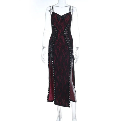 Goth Dark Women Partywear Mall Gothic Lace Patchwork Straps Dresses Y2K Coquette Gown Mall Gothic Slim Bandage Split Hem Dress