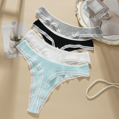 3PCS Sexy Low Waist Panties Women Lace Trim Solid Color Briefs M-XL Breathable Comfortable Lingerie Female Rib Cotton Underwear
