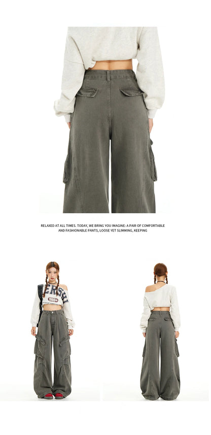 Retro Casual High Waisted Baggy Cargo Jeans Women Washed Distressed Wide Leg Pants Brown Denim Y2K Streetwear Vintage Trousers