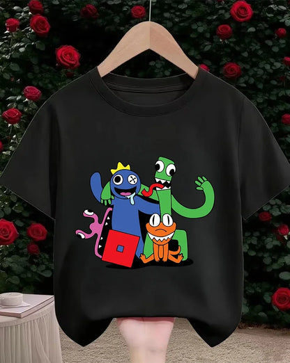 Rainbow friend cartoon pattern boy and girl summer cute round neck fashionable casual short sleeved top