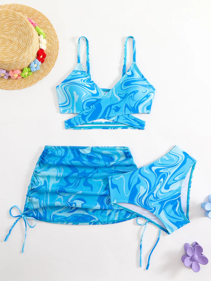 3pcs Swimming Suit for Girls Summer Beach Dress Swimsuit Tie-dye Printed Skirted Bikini Set Kids Bathing Suit